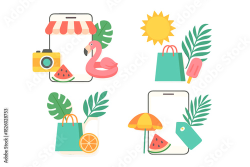 Summer online shopping elements featuring mobile phones, beach items, and tropical fruit