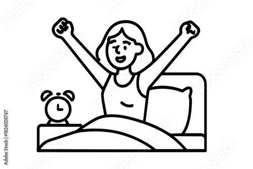 Woman stretching in bed next to an alarm clock after waking up in the morning