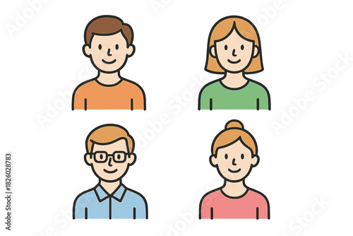 Group of four diverse smiling faces and shoulders icons for business and social media profiles