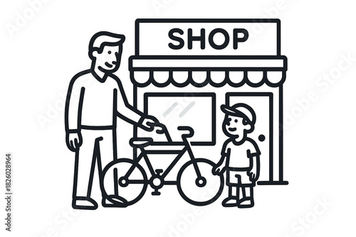 Father and son buying a new bicycle outside a small local shop storefront