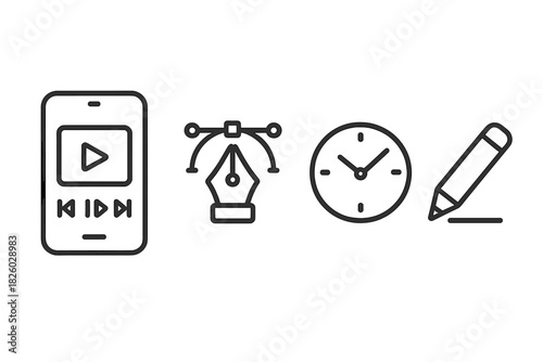 Mobile media player, graphic design pen tool, time clock, and writing pencil symbols