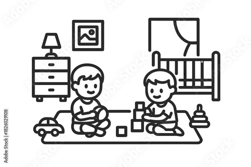 Two happy toddlers playing with toys and building blocks in a nursery