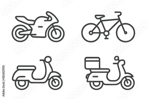 Outline icons of two-wheeled transport including motorcycle, bicycle, and scooters
