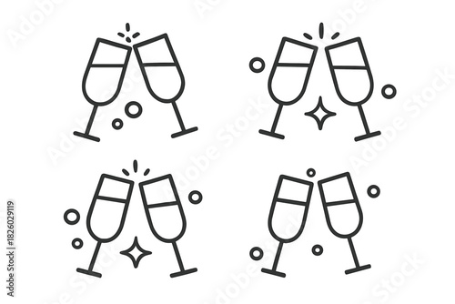 Minimalist outline icons of champagne glasses clinking together for a celebration toast