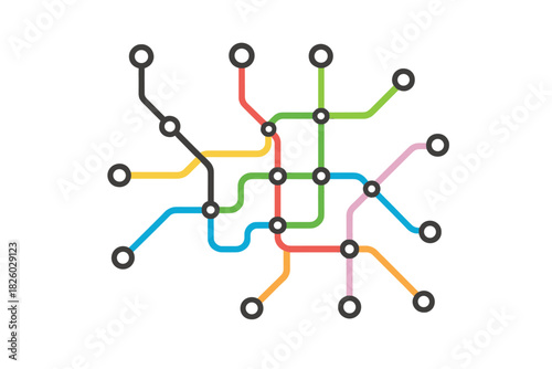 Abstract colorful metro or subway map diagram of interconnected routes and stations