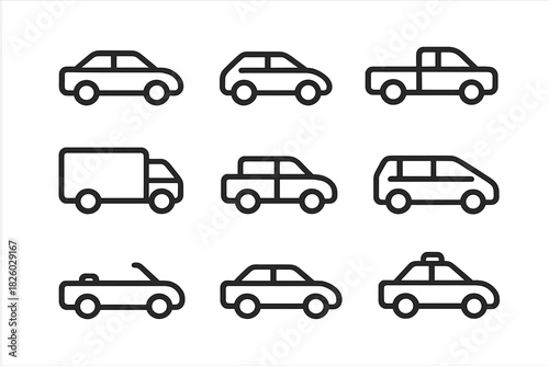 Simple outline drawings of passenger and commercial transportation vehicles