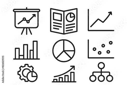 Set of business analytics and financial data visualization icons for reporting and statistics