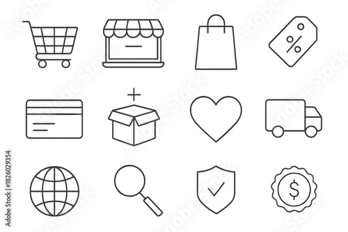 Collection of outline icons representing e-commerce, digital shopping, and delivery services