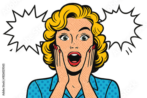 Pop art style portrait of a shocked woman with hands on cheeks and blank speech bubbles