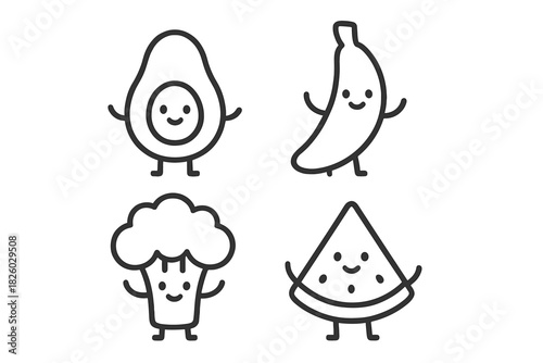 Cute cartoon characters of healthy food items including avocado banana broccoli and watermelon slice