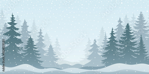 Winter minimalistic landscape, forest and snowfall, vector illustration