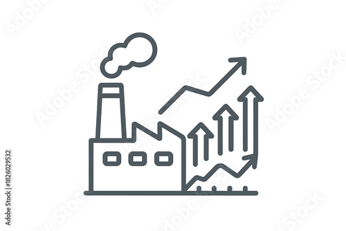 Industrial factory building symbolizing production increase and economic growth with rising arrows and line charts