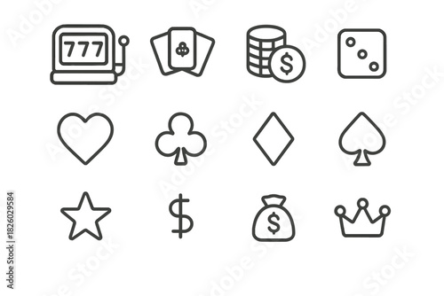 Set of casino and gambling symbols featuring slot machine, playing cards, dice, and currency