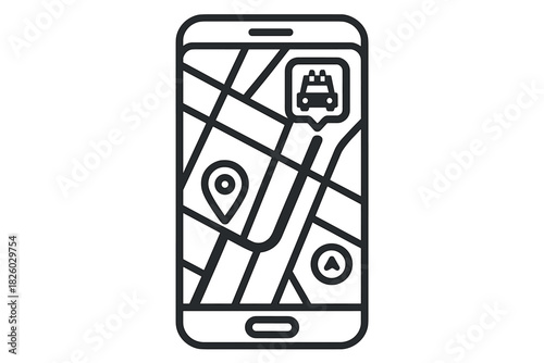 Mobile phone screen showing city map navigation with GPS tracking and ride-share car icon