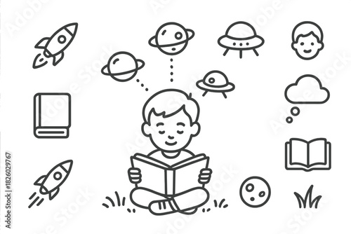 Young child reading book about space exploration and science fiction