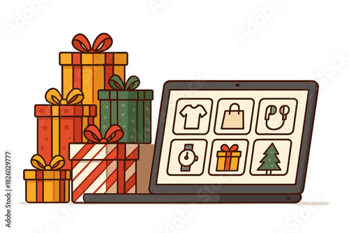 Online shopping for holiday gifts displayed on a laptop screen next to a large stack of wrapped presents