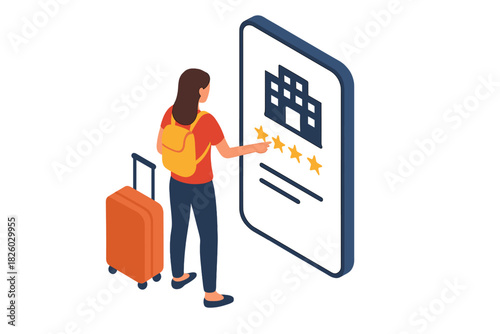 Traveler rating a hotel on a mobile application screen with luggage and backpack