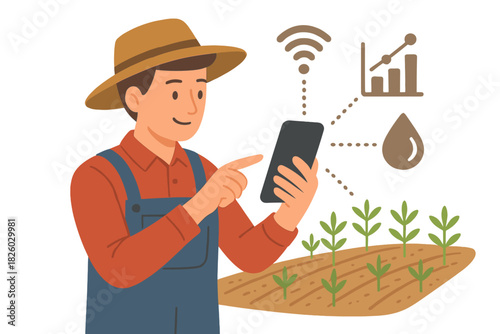 Modern farmer using smartphone for smart agriculture monitoring crop growth and irrigation systems