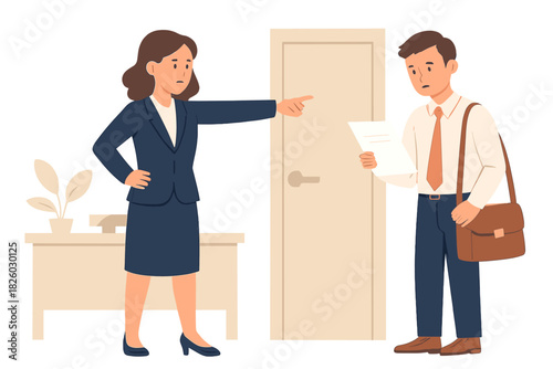 Serious female manager dismissing a male employee due to poor performance