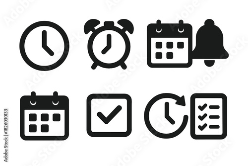 Time management and scheduling glyph icons featuring clock, calendar, and checklist symbols