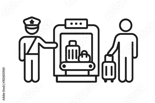 Airport security checkpoint with officer, baggage scanner, and passenger luggage inspection