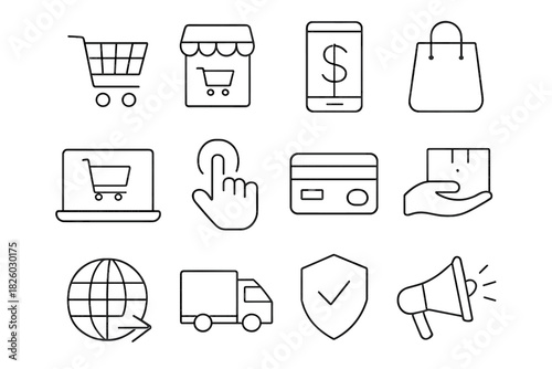 Outline collection representing online shopping, e-commerce, payment, and delivery concepts