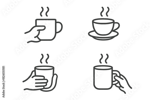 Steaming hot beverage icons set with hands holding coffee mugs and teacups