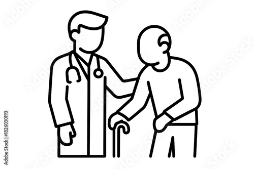 Compassionate healthcare worker assisting elderly patient using a cane for walking support