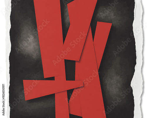 Abstract composition of red geometric shapes overlapping on a dark textured background