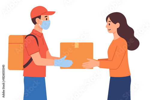 Courier wearing protective mask and gloves hands package to customer during contactless delivery