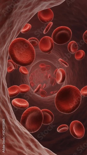 Conceptual illustration of hemoglobin-rich red blood cells flowing inside a human artery