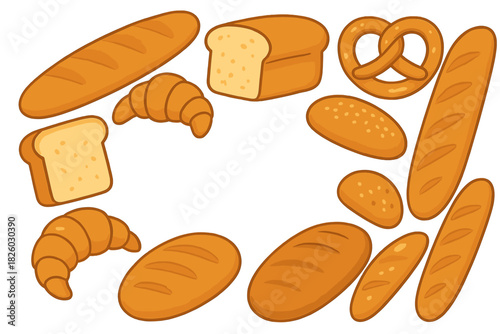 Assortment of baked goods including baguettes, sliced bread, rolls, pretzel, and croissants