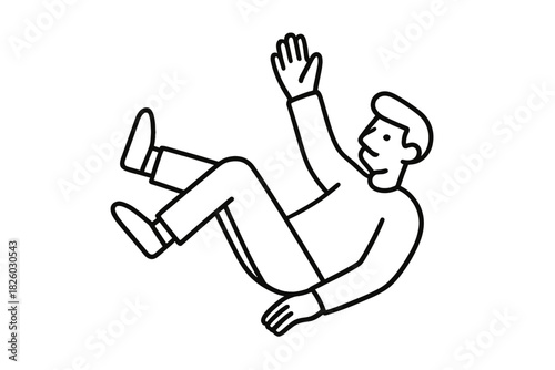 Minimalist black and white graphic of a man falling backward with his hand reaching up