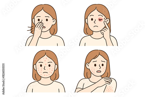 Woman with allergic reaction symptoms: sneezing, swollen eyes, facial acne, and body rash