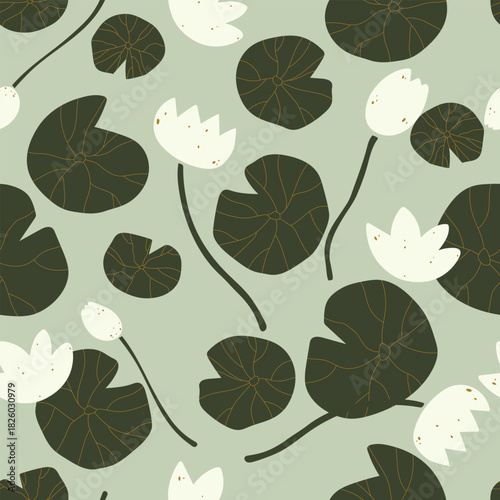 Hand drawn pattern with white water lily and leaves, seamless pattern.
