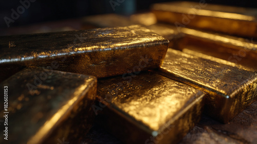 A close up shot of several gold bars stacked on top of each other in a dark setting
