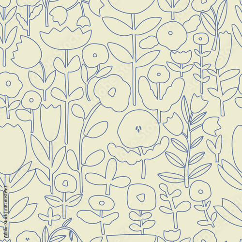 Hand drawn floral line pattern with different flowers on light background. Vector illustration. 