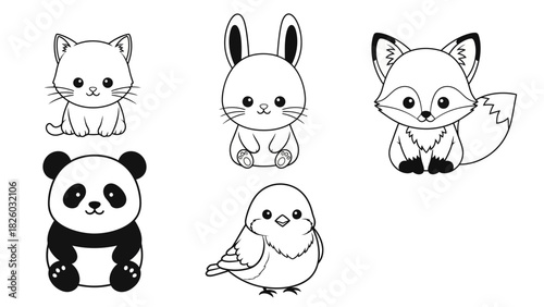 Adorable cartoon animal collection featuring a cute cat, bunny, fox, panda, and bird perfect for kids' designs and illustrations with a sweet, charming appeal