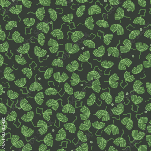 Summer pattrern with green leaves and dew drops on black background, seamless pattern. Vector ilustration with plants.