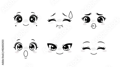 Expressive manga faces showcase a range of emotions, from love and sadness to surprise and anger, making it ideal for creative projects and designs
