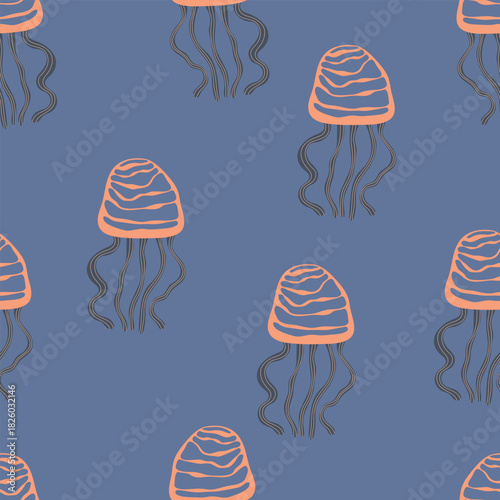 Hand drawn jelly fish on blue background. Vector illustration with sea animals, naive kids patetrn.