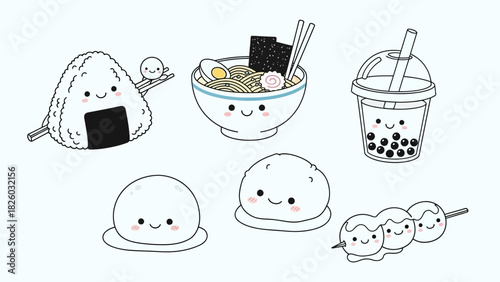 Adorable kawaii Japanese food line art featuring ramen, bubble tea, mochi, and onigiri ready for menu designs, stickers, and cute food illustrations