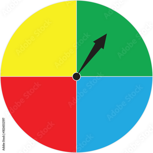 A colorful game spinner with four quadrants of red, yellow, green, and blue, with the pointer on green.
