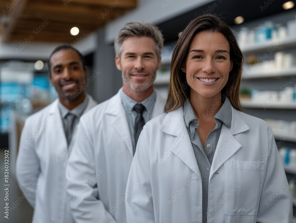 Fototapeta premium Pharmacist pharmacy healthcare professional smiling teamwork uniform medicine adult confident group of pharmacists in pharmacy