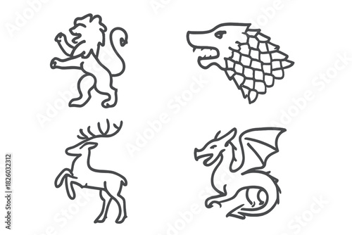 Four medieval heraldic animal symbols including lion, wolf, stag, and mythical dragon
