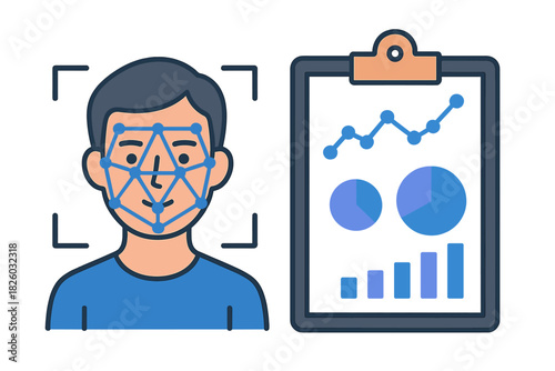 Biometric identification system analyzing human face data alongside performance metrics and statistical charts