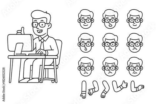 Customizable worker character sitting at desk using computer with various expressions and hand gestures