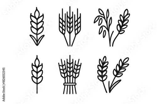 Minimalist black line drawings depicting various wheat ears, cereal grains, and agricultural crops
