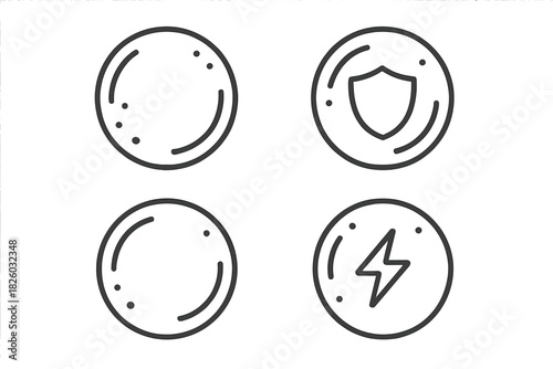 Set of four outline icons featuring security shield, power lightning bolt, and generic circular buttons