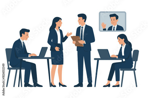 Diverse team collaborating in with remote colleague joining via video conference